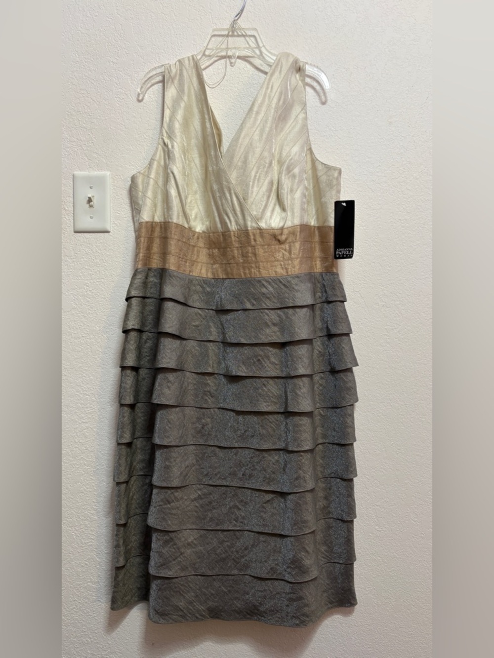 Adrianna Papell Ivory, Gold & Silver Tiered V-Neck Midi Dress